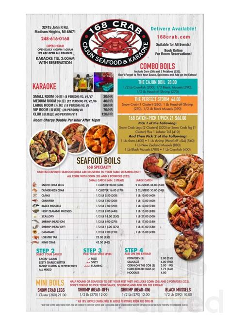 168 crab and karaoke menu - Follow. 🦀 Get ready to dive into a seafood extravaganza like no other at @16CrabKaraoke.Flint! 🌊🎤 We've got your cravings covered with mouthwatering seafood boils that'll leave you craving for more. 🦐🍻 And speaking of good times, we've got spacious and lively party rooms ready to crank up the entertainment for you and your crew ...